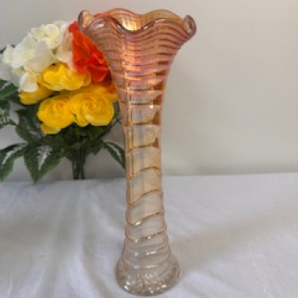 Vintage Marigold Swung Vase with Ripple Detail Iridescent Carnival Glass